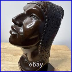 J Ramirez Wood Carved Male/Female Warrior Busts Wood Sculpture Indigenous native