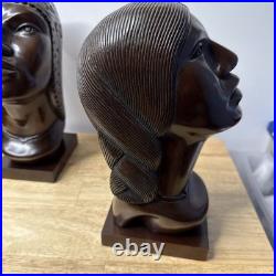 J Ramirez Wood Carved Male/Female Warrior Busts Wood Sculpture Indigenous native