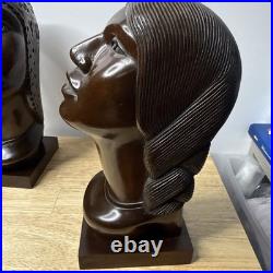 J Ramirez Wood Carved Male/Female Warrior Busts Wood Sculpture Indigenous native