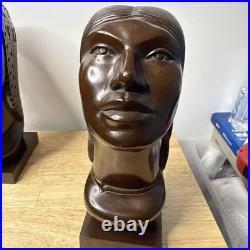 J Ramirez Wood Carved Male/Female Warrior Busts Wood Sculpture Indigenous native