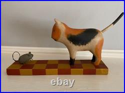 JOHN CARLTON Folk Art Wood Carving CALICO CAT & MOUSE Signed (1992)