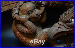Japanese Antique Wood Carving Falcon & Monkey Extra Large Sculpture Edo Era