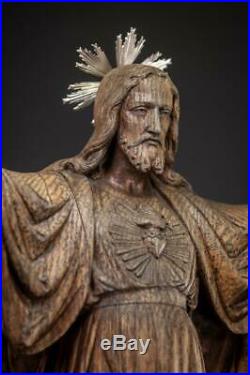 Jesus Sculpture Sacred Heart Statue Christ Figure Antique Carved Wood 33