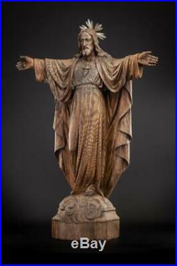 Jesus Sculpture Sacred Heart Statue Christ Figure Antique Carved Wood 33