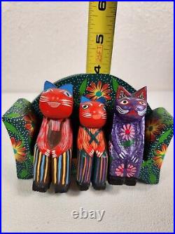 Joaquin Hernandez Vazquez Wood Carving Family of Cats Folk Art Mexico Handcraft