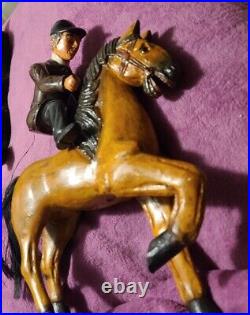 Jockey and Horse Carved Wood Large 13 Americana Sculpture 2 Piece Hand Painted