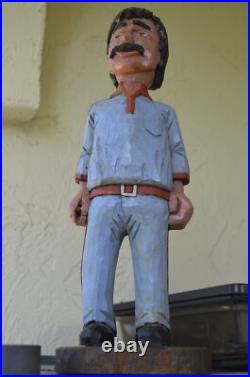 John Basch Signed Carved Man Sculpture Wooden Folk Art WOOD CARVER Vintage 70s