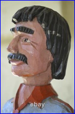 John Basch Signed Carved Man Sculpture Wooden Folk Art WOOD CARVER Vintage 70s