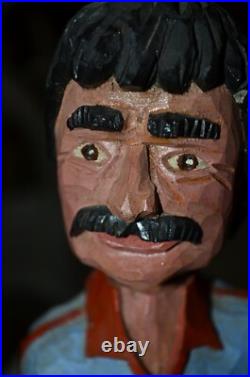 John Basch Signed Carved Man Sculpture Wooden Folk Art WOOD CARVER Vintage 70s