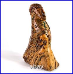 John Wilson Faces in Art Hand Carved Wood Sculpture Americana Signed 7 1/4 in