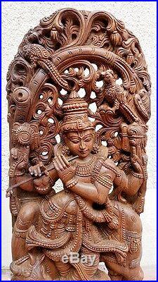 Krishna Wooden Statue Hindu God Temple Hand carved 3 ft sculpture Huge Figurine