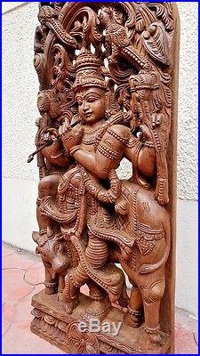 Krishna Wooden Statue Hindu God Temple Hand carved 3 ft sculpture Huge Figurine