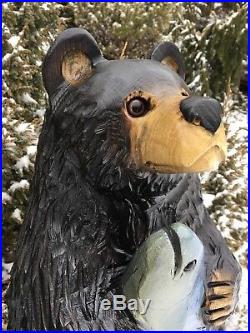LARGE Chainsaw Carved BLACK BEAR with FISH Sassafras Wood Sculptures Folk Art