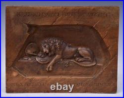 LARGE Vintage Swiss carved Lion of Lucerne walnut wall plaque, 9 3/4 X 12 3/8