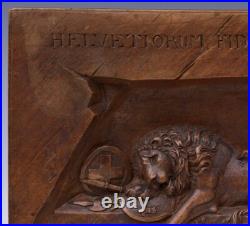 LARGE Vintage Swiss carved Lion of Lucerne walnut wall plaque, 9 3/4 X 12 3/8