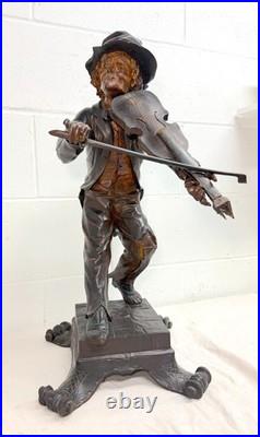 LARGE antique European 1800 carved wood fiddler violinist sculpture statue music