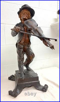LARGE antique European 1800 carved wood fiddler violinist sculpture statue music