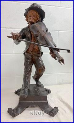 LARGE antique European 1800 carved wood fiddler violinist sculpture statue music