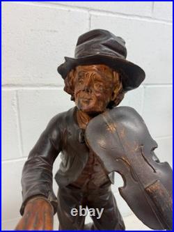 LARGE antique European 1800 carved wood fiddler violinist sculpture statue music