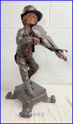 LARGE antique European 1800 carved wood fiddler violinist sculpture statue music