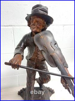 LARGE antique European 1800 carved wood fiddler violinist sculpture statue music