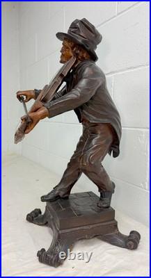 LARGE antique European 1800 carved wood fiddler violinist sculpture statue music