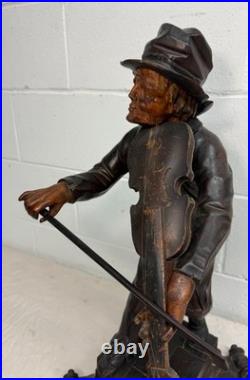 LARGE antique European 1800 carved wood fiddler violinist sculpture statue music
