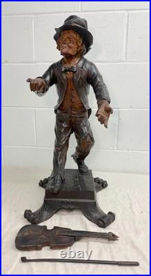LARGE antique European 1800 carved wood fiddler violinist sculpture statue music