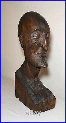 LARGE antique hand carved Folk Art wood man head face bust sculpture statue