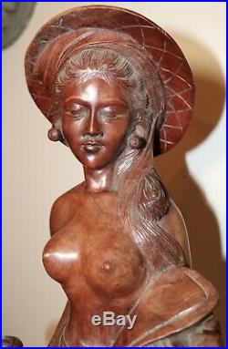 LARGE antique hand carved wood Balinese Indonesian nude lady sculpture statue