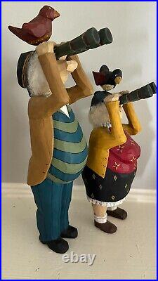 LARRY KOOSED Folk Art Wood Carvings BIRD WATCHING 2 Birders Signed- 2003