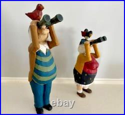 LARRY KOOSED Folk Art Wood Carvings BIRD WATCHING 2 Birders Signed- 2003