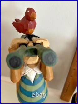 LARRY KOOSED Folk Art Wood Carvings BIRD WATCHING 2 Birders Signed- 2003