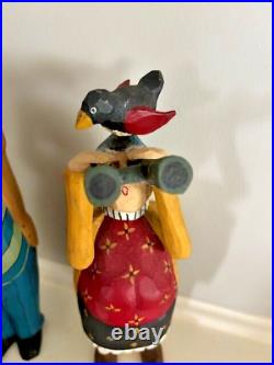 LARRY KOOSED Folk Art Wood Carvings BIRD WATCHING 2 Birders Signed- 2003