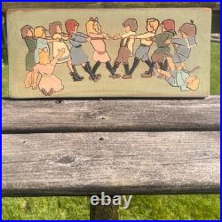 Large 19 VTG German Wood Relief Carving Children Tug Of War MCM Folk Art