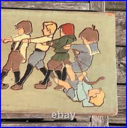 Large 19 VTG German Wood Relief Carving Children Tug Of War MCM Folk Art