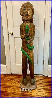 Large Abstract Primitive Outsider Pop Art Wood Carving Eve & Serpent