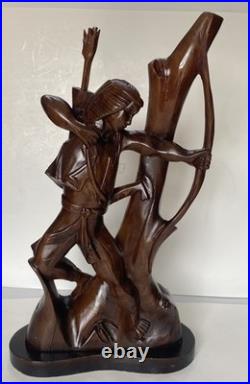 Large Antique Hand Carved Wooden Indian Bow Hunter Statue 19 Tall