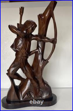 Large Antique Hand Carved Wooden Indian Bow Hunter Statue 19 Tall Large Antique Hand Carved Wooden Indian Bow Hunter Statue 19 Tall
