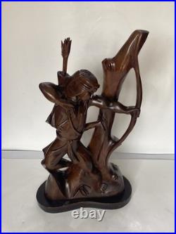 Large Antique Hand Carved Wooden Indian Bow Hunter Statue 19 Tall