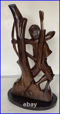 Large Antique Hand Carved Wooden Indian Bow Hunter Statue 19 Tall