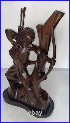 Large Antique Hand Carved Wooden Indian Bow Hunter Statue 19 Tall