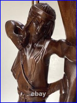 Large Antique Hand Carved Wooden Indian Bow Hunter Statue 19 Tall