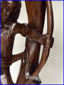 Large Antique Hand Carved Wooden Indian Bow Hunter Statue 19 Tall