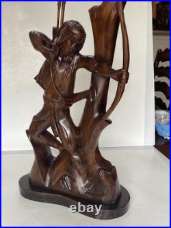 Large Antique Hand Carved Wooden Indian Bow Hunter Statue 19 Tall