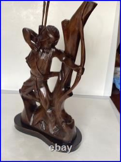 Large Antique Hand Carved Wooden Indian Bow Hunter Statue 19 Tall
