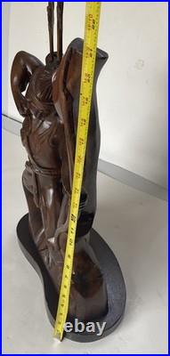 Large Antique Hand Carved Wooden Indian Bow Hunter Statue 19 Tall