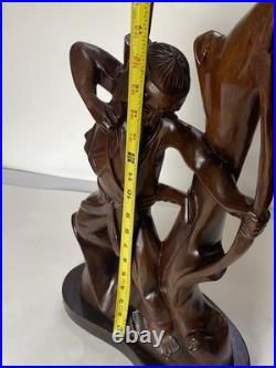 Large Antique Hand Carved Wooden Indian Bow Hunter Statue 19 Tall