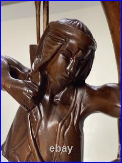 Large Antique Hand Carved Wooden Indian Bow Hunter Statue 19 Tall Large Antique Hand Carved Wooden Indian Bow Hunter Statue 19 Tall