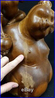 Large Artist Signed Bali Balinesian Hand Carved Wood Sculpture Happy Family